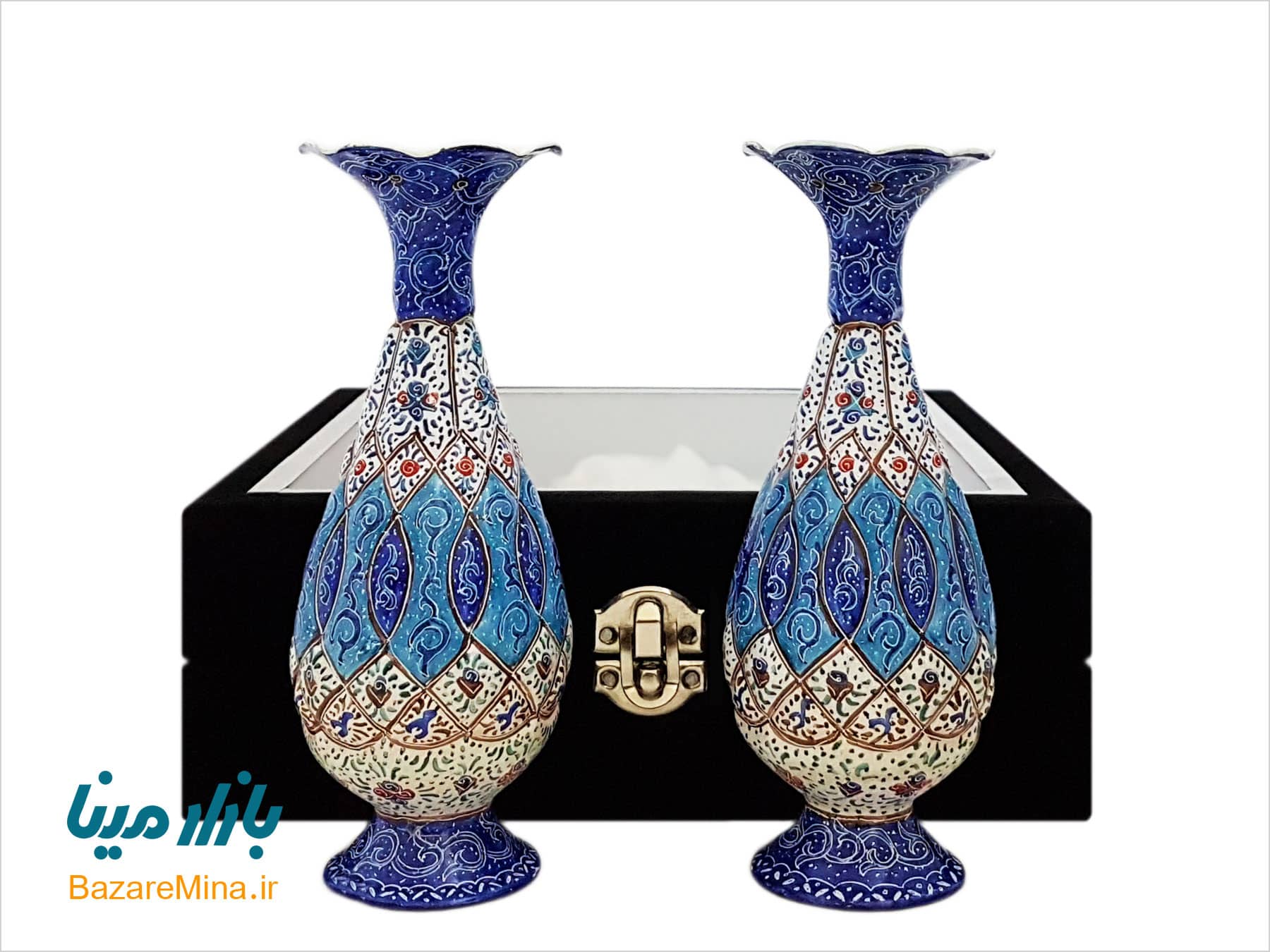 باکس ست گلدان مسی میناکاری ۱۶ سانتیمتری گلدان دوتایی میناکاری