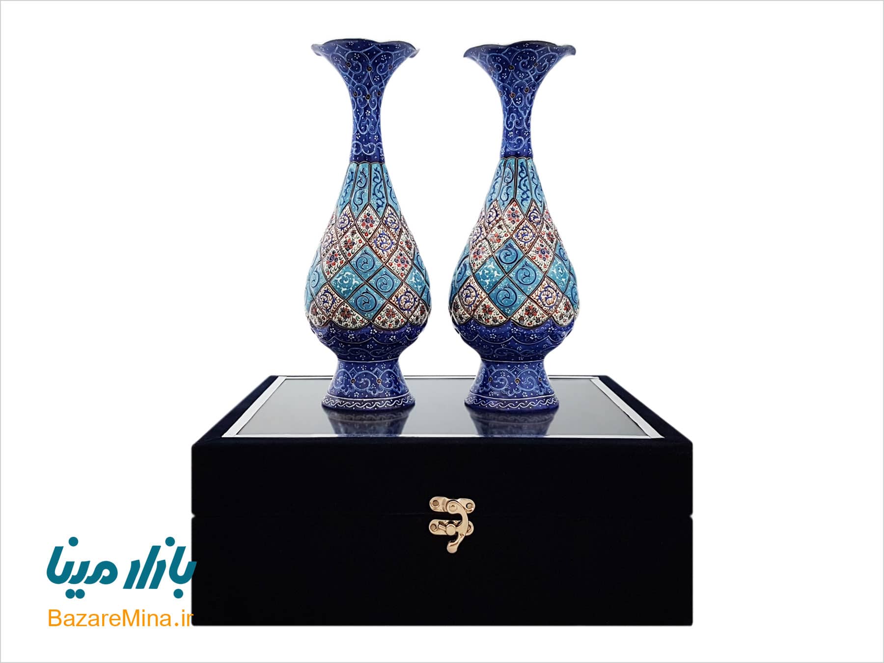 باکس ست گلدان مسی میناکاری ۲۵ سانتیمتری جفت گلدان مينا كاري