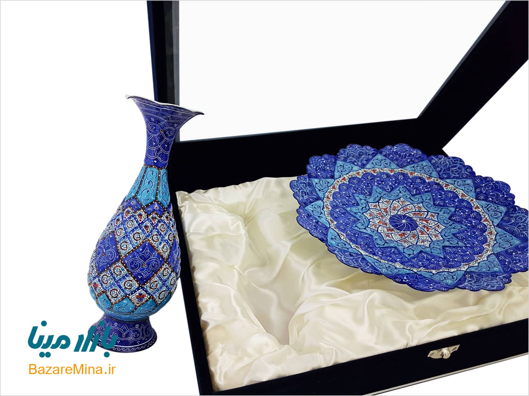 باکس میناکاری بشقاب ۲۵ و گلدان ۲۰ سانتی گلدان و بشقاب میناکاری