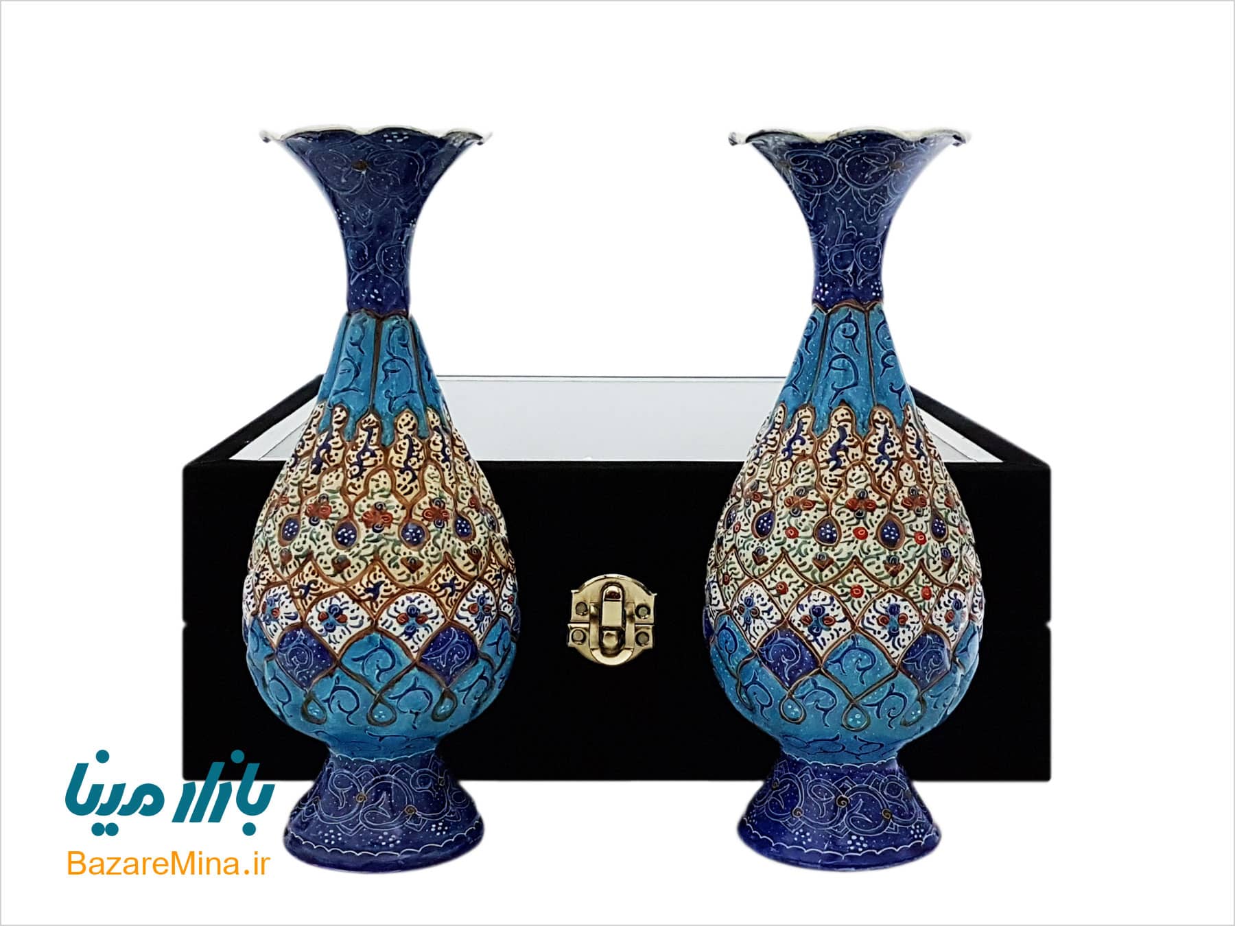 باکس ست گلدان مسی میناکاری ۲۰ سانتیمتری ست دوتایی گلدان میناکاری
