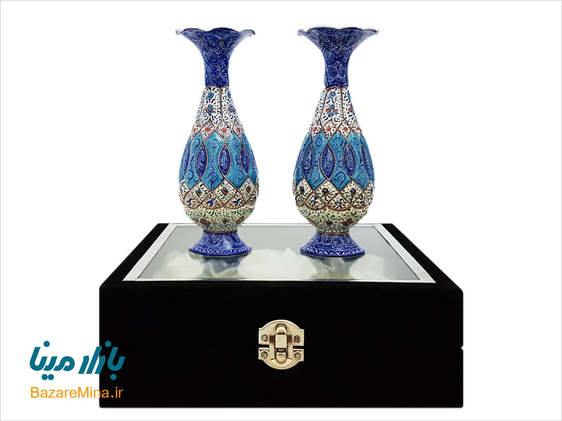 باکس ست گلدان مسی میناکاری ۱۶ سانتیمتری خرید گلدان جفتی میناکاری