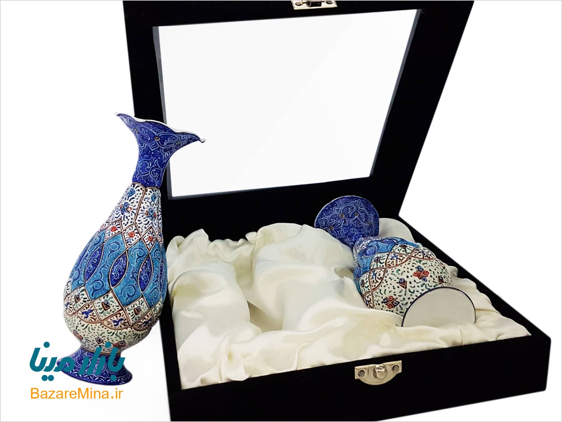 باکس ست گلدان مسی میناکاری ۱۶ سانتیمتری گلدان جفتی میناکاری