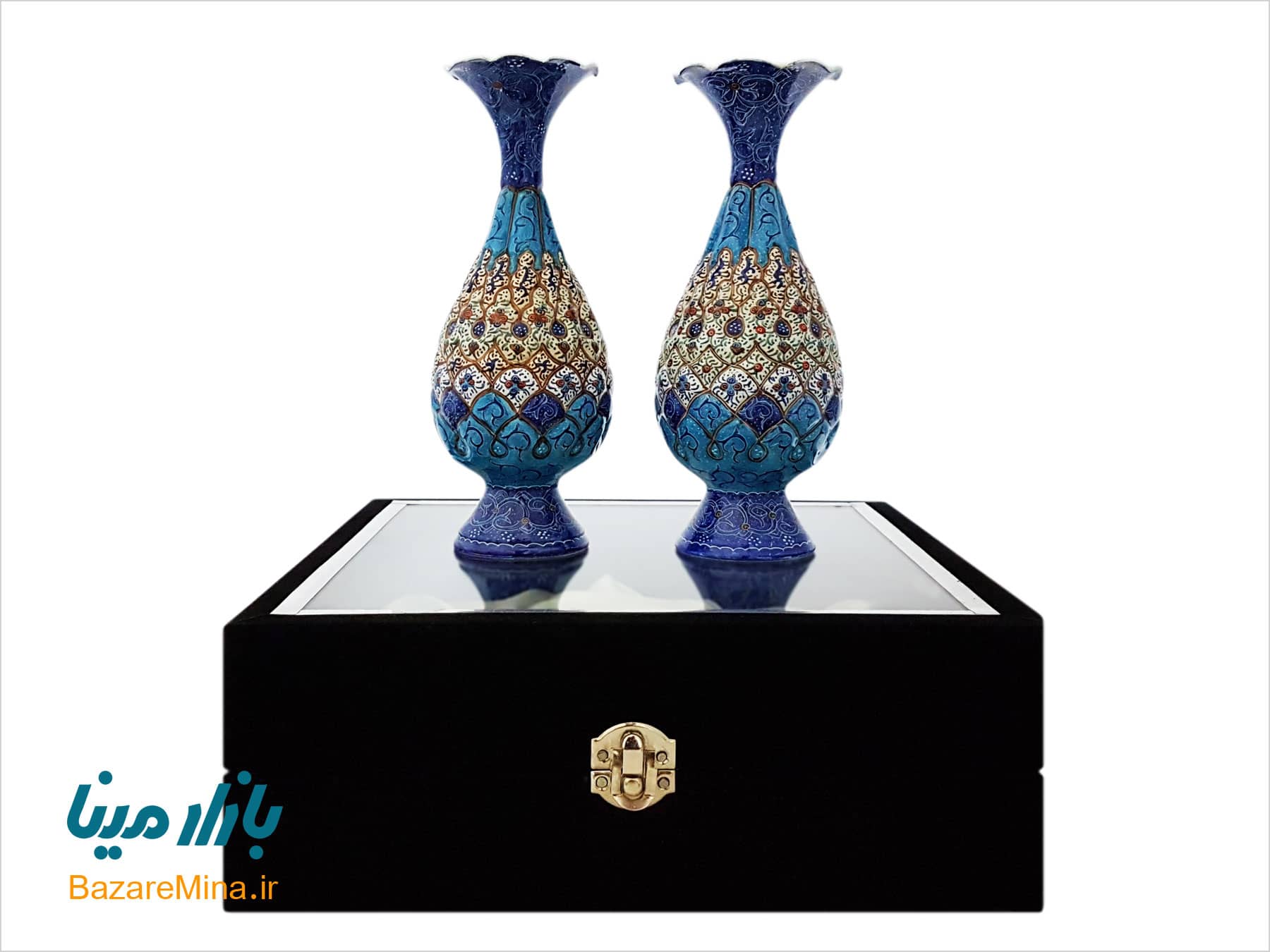 باکس ست گلدان مسی میناکاری ۲۰ سانتیمتری گلدان دوتایی میناکاری